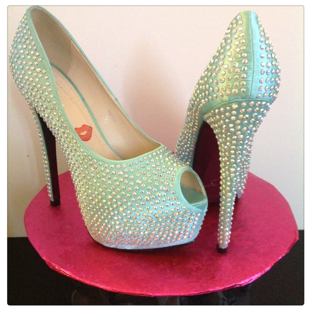 Elegant Mint Green Studded Platform Heels